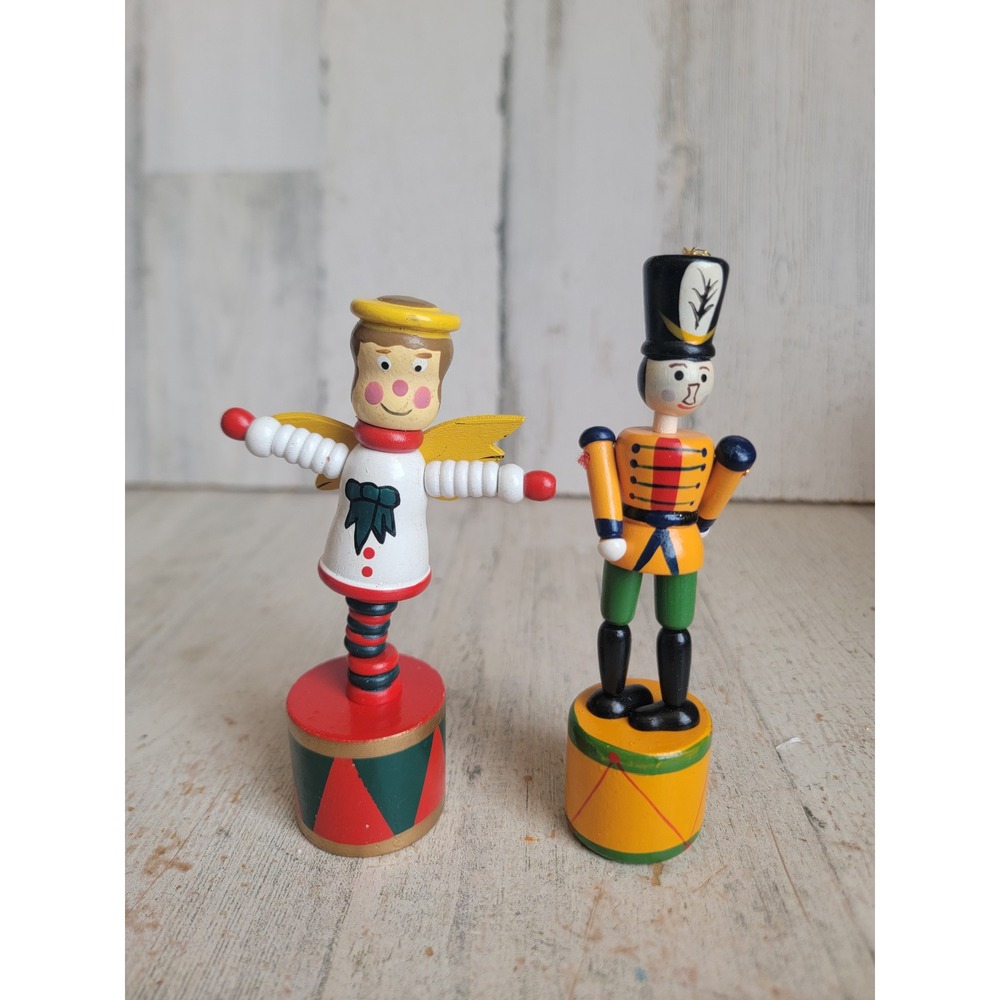Vintage angel solider thumb push puppet toy set Xmas wooden unique